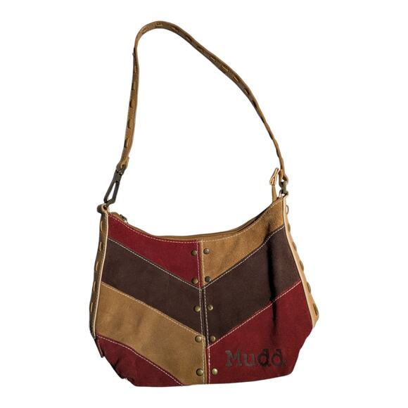 Vtg Y2K Mudd Tan Red Patchwork Suede Whipstitch Detail Top Zip Shoulder Bag - Picture 1 of 6